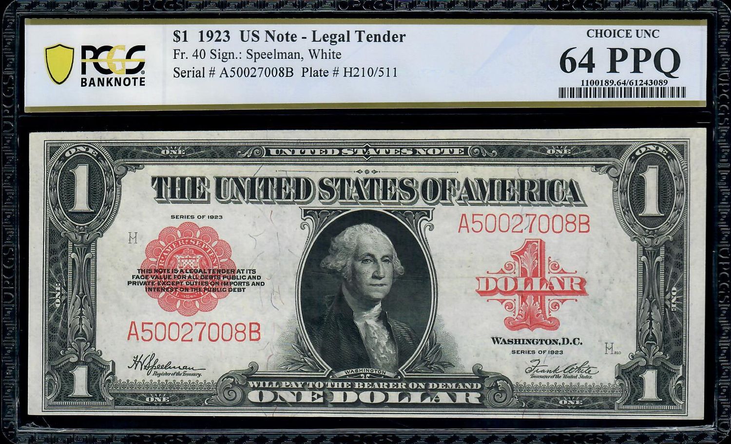 1923 $1 Legal Tender Red Seal FR.40 Horse Blanket PCGS 64 EPQ