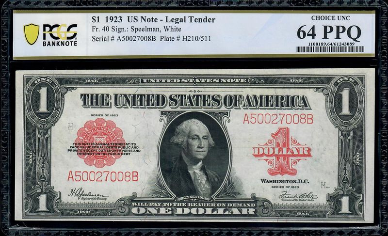 1923 $1 Legal Tender Red Seal FR.40 Horse Blanket PCGS 64 EPQ 1923 $1 Legal Tender Red Seal FR.40 Horse Blanket PCGS 64 EPQ