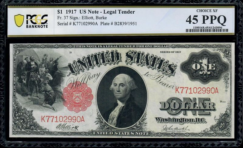 1917 $1 Legal Tender Note, Fr.37 Sawhorse, PCGS 45 PPQ 1917 $1 Legal Tender Note, Fr.37 Sawhorse, PCGS 45 PPQ