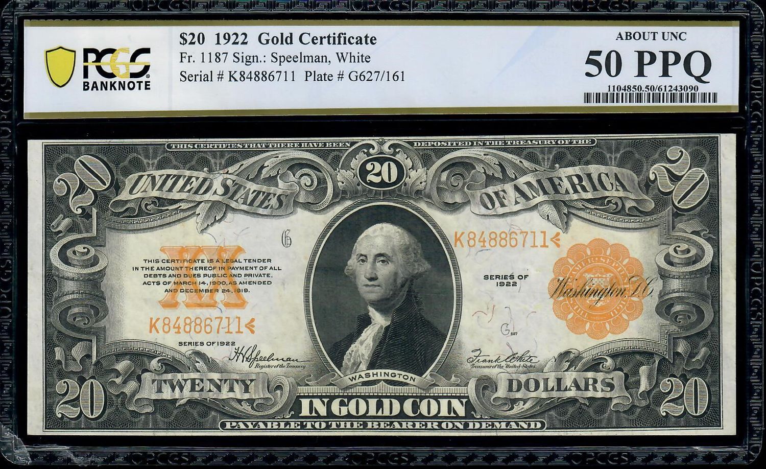 1922 $20 Gold Certificate Fr. 1187 Speelman / Whiet PCGS  50 AU