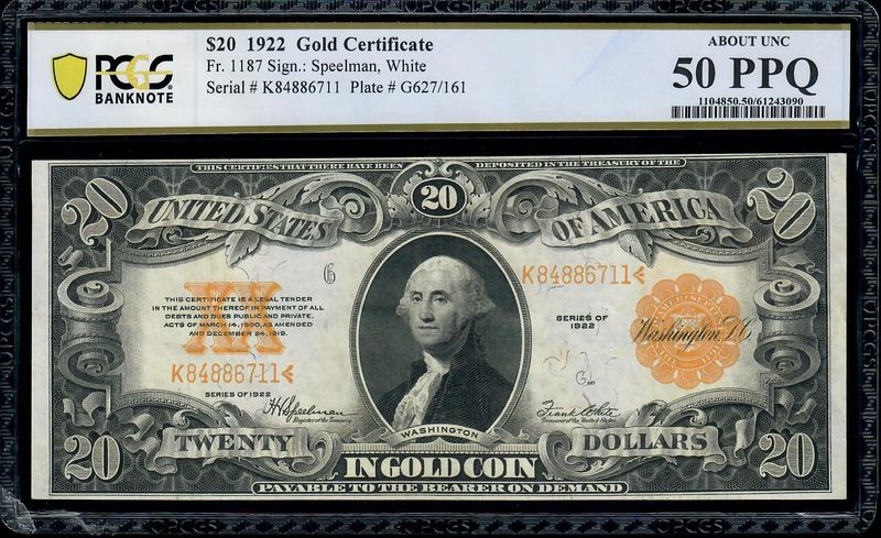 1922 $20 Gold Certificate Fr. 1187 Speelman / Whiet PCGS  50 AU
