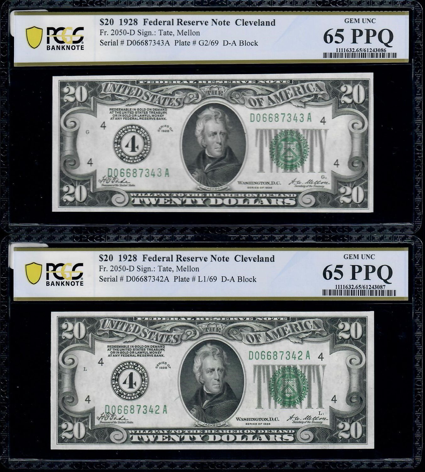 2 Consecutive 1928 $20 Federal Reserve Note Cleveland Fr. 2050-D  PCGS 65 PPQ