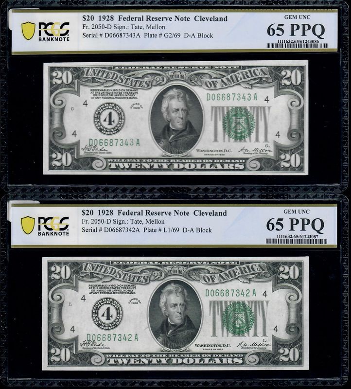 2 Consecutive 1928 $20 Federal Reserve Note Cleveland Fr. 2050-D  PCGS 65 PPQ 2 Consecutive 1928 $20 Federal Reserve Note Cleveland Fr. 2050-D  PCGS 65 PPQ