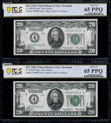 2 Consecutive 1928 $20 Federal Reserve Note Cleveland Fr. 2050-D  PCGS 65 PPQ