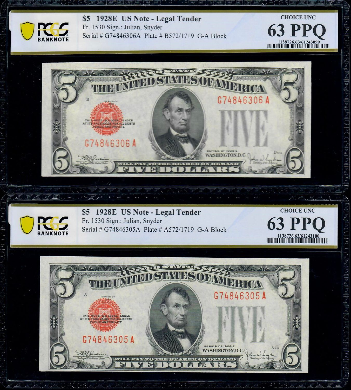 Per of Consecutive 1928E $5 Legal Tender FR.1530 PCGS UNC 63PPQ