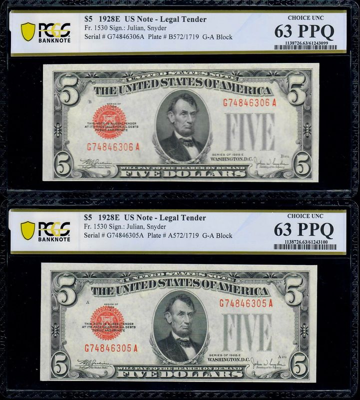 Per of Consecutive 1928E $5 Legal Tender FR.1530 PCGS UNC 63PPQ Per of Consecutive 1928E $5 Legal Tender FR.1530 PCGS UNC 63PPQ