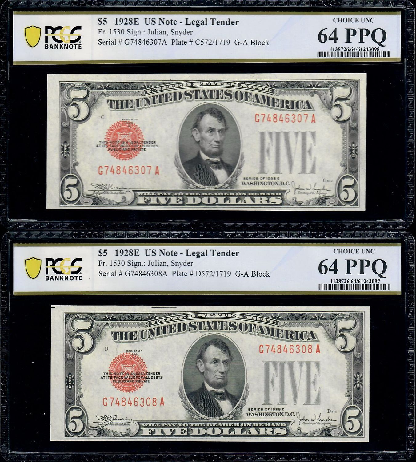 Per of Consecutive 1928E $5 Legal Tender Fr.1530 PCGS UNC 64 PPQ