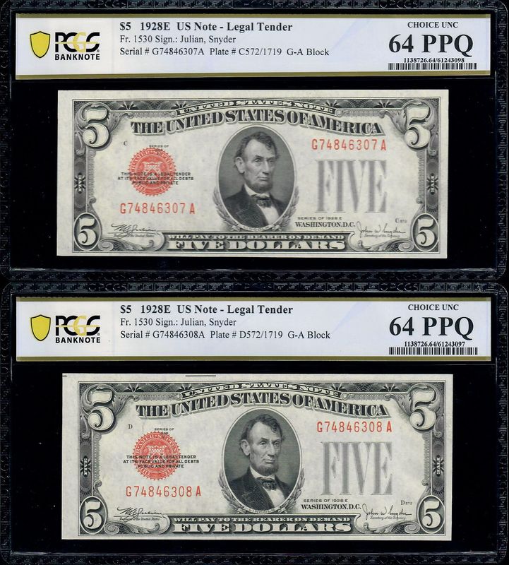 Per of Consecutive 1928E $5 Legal Tender Fr.1530 PCGS UNC 64 PPQ Per of Consecutive 1928E $5 Legal Tender Fr.1530 PCGS UNC 64 PPQ