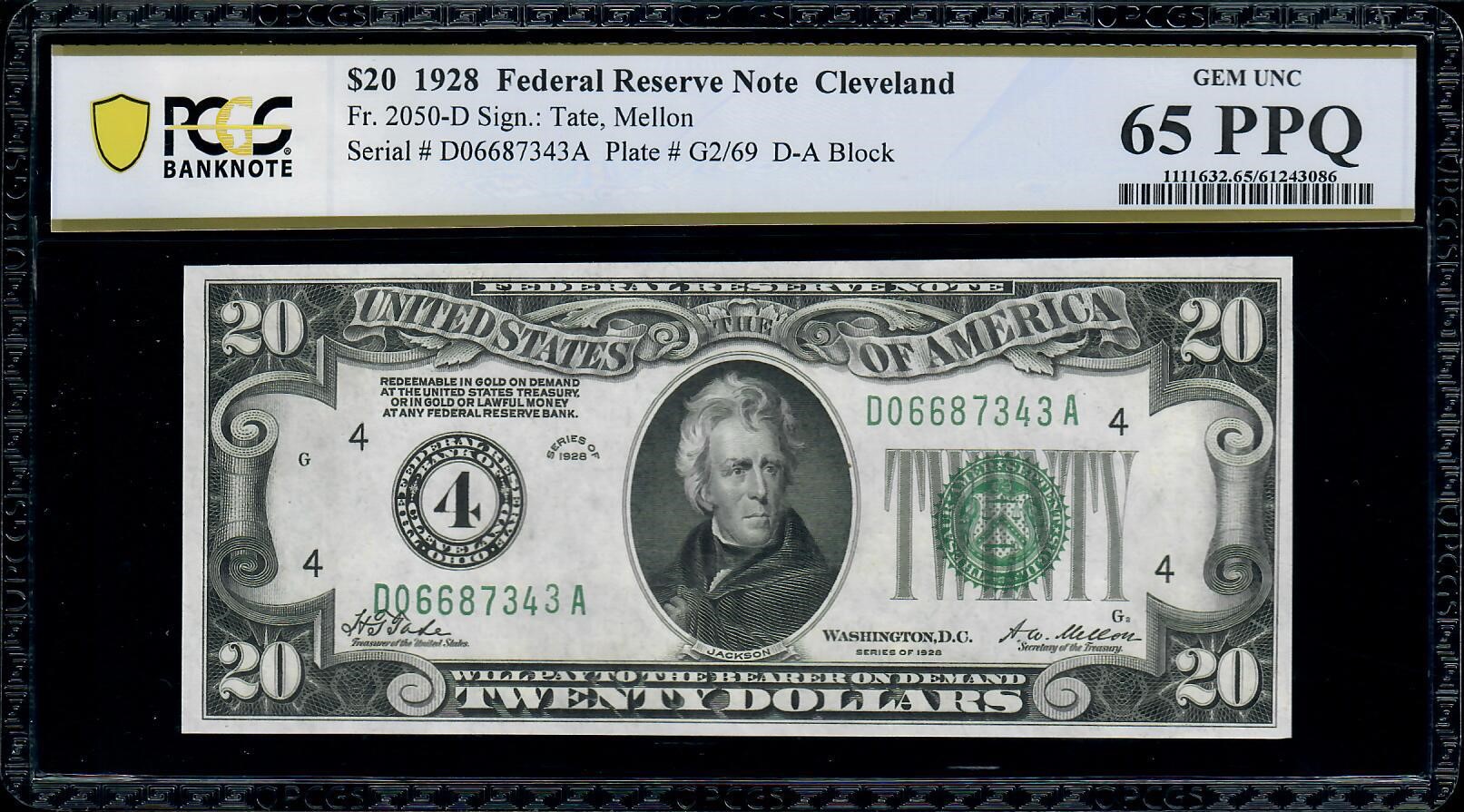 2 Consecutive 1928 $20 Federal Reserve Note Cleveland Fr. 2050-D  PCGS 65 PPQ