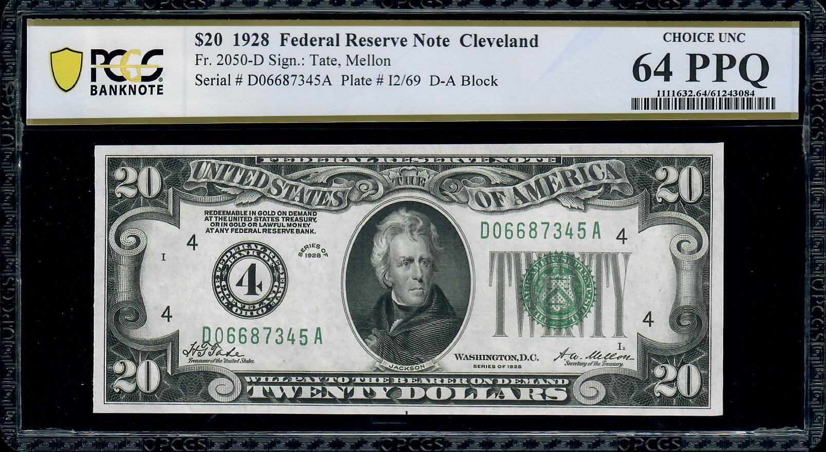 2 Consecutive 1928 $20 Federal Reserve Note Cleveland PCGS 64 PPQ