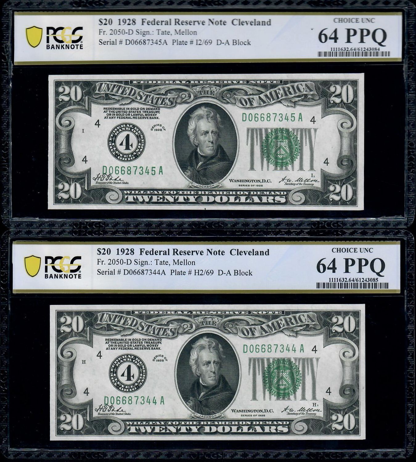 2 Consecutive 1928 $20 Federal Reserve Note Cleveland PCGS 64 PPQ