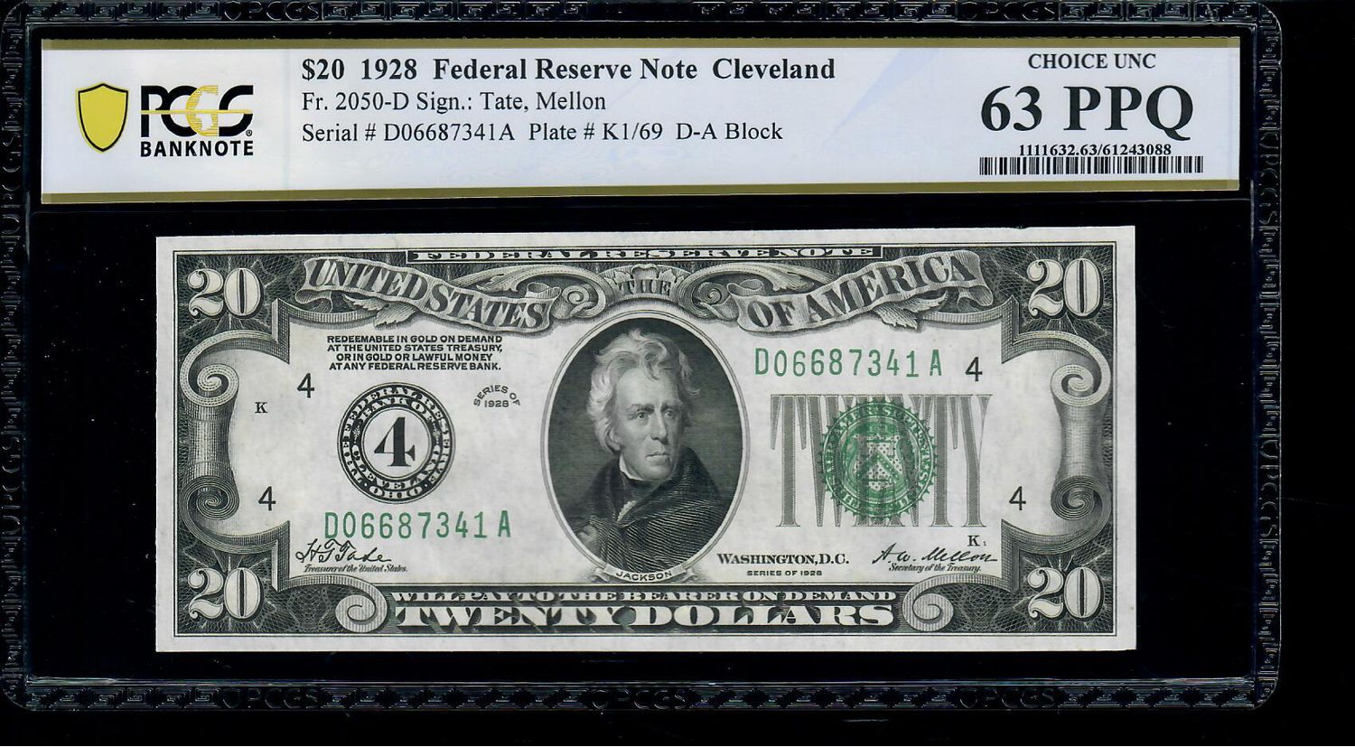 1928 $20 Federal Reserve Note Cleveland Fr. 2050-D PCGS 63 PPQ