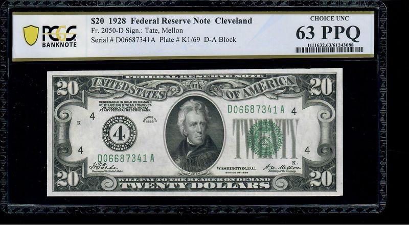 1928 $20 Federal Reserve Note Cleveland Fr. 2050-D PCGS 63 PPQ 1928 $20 Federal Reserve Note Cleveland Fr. 2050-D PCGS 63 PPQ
