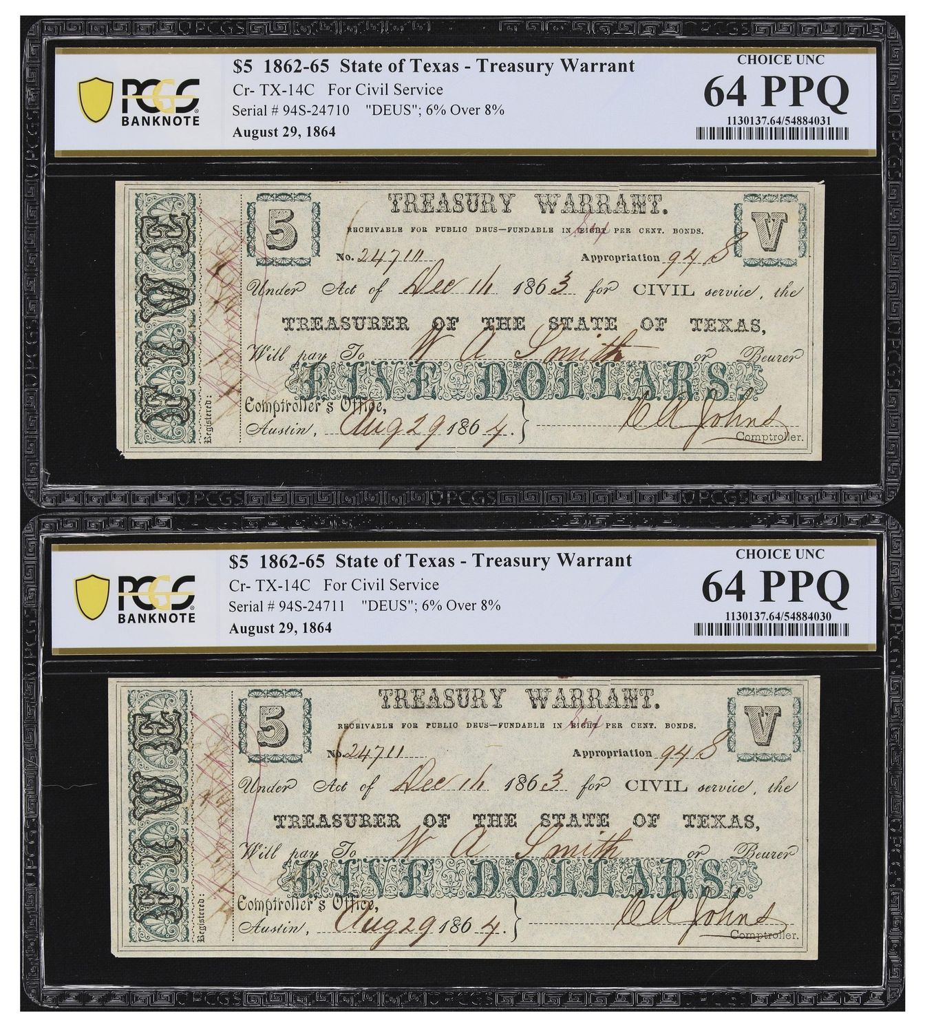 2 Consecutive 1863 $5 TEXAS Treasury Warrant - CIVIL WAR Era CU PCGS 64 PPQ