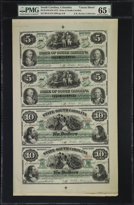 1872 Uncut Sheet Columbia, SC- State of South Carolina 5 & 10 PMG 65EPQ 1872 Uncut Sheet Columbia, SC- State of South Carolina 5 & 10 PMG 65EPQ
