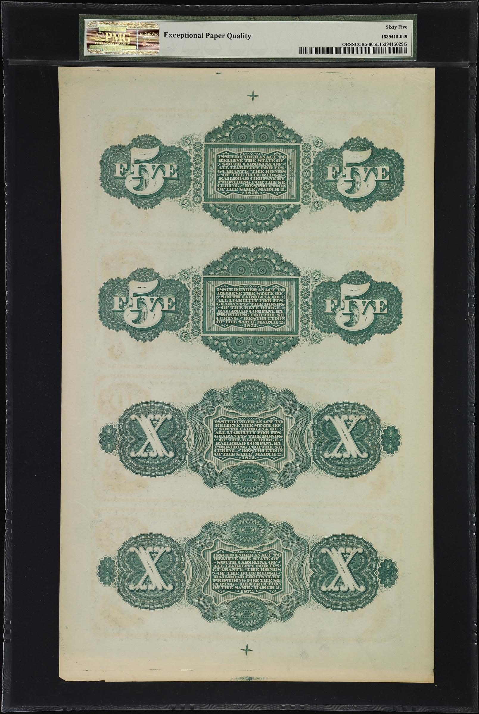1872 Uncut Sheet Columbia, SC- State of South Carolina 5 & 10 PMG 65EPQ