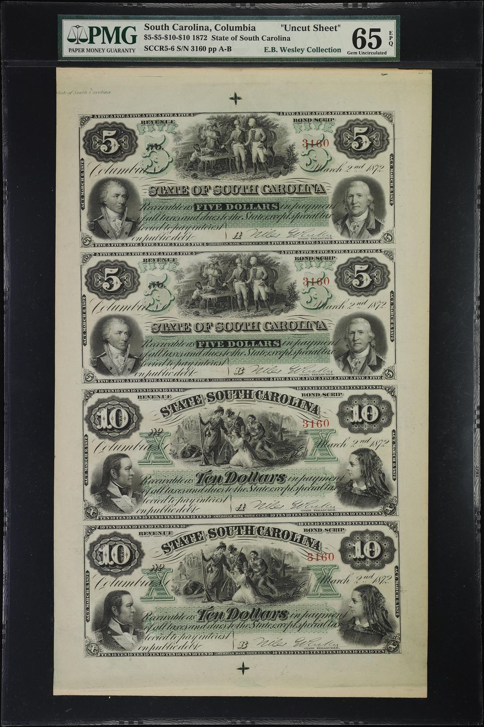 1872 Uncut Sheet Columbia, SC- State of South Carolina 5 & 10 PMG 65EPQ