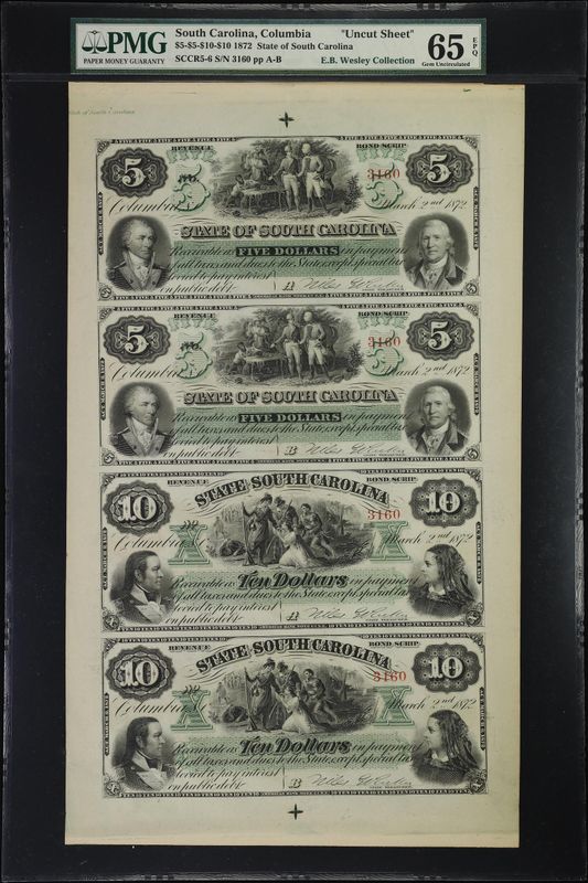 1872 Uncut Sheet Columbia, SC- State of South Carolina 5 & 10 PMG 65EPQ 1872 Uncut Sheet Columbia, SC- State of South Carolina 5 & 10 PMG 65EPQ
