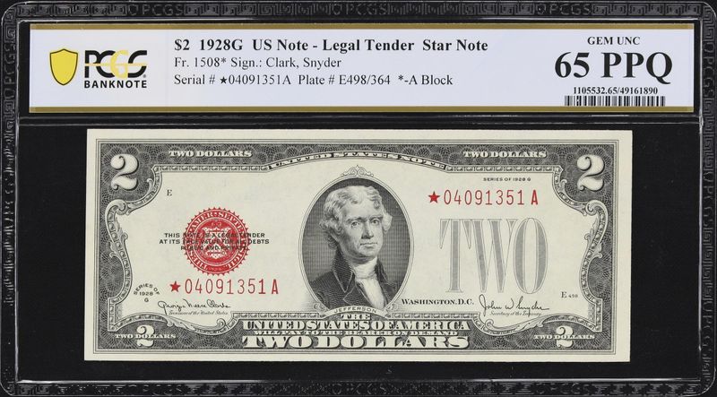 1928G $2 Legal Tender Star Note FR#1508* PCGS 65 PPQ Gem UNC 1928G $2 Legal Tender Star Note FR#1508* PCGS 65 PPQ Gem UNC