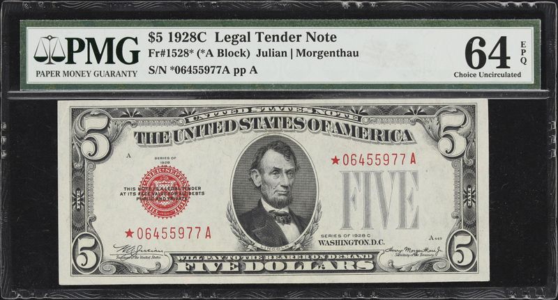 1928C $5 Legal Tender Fr. 1528* Star note PMG 64 EPQ 1928C $5 Legal Tender Fr. 1528* Star note PMG 64 EPQ