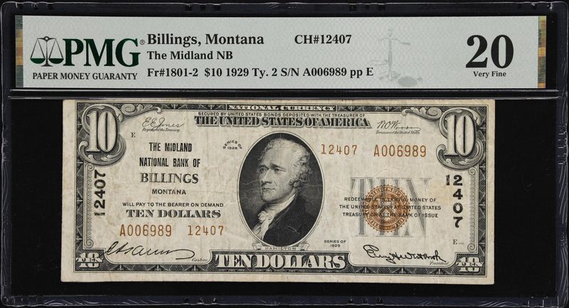 1929 $10 The Midland National Bank of Billings, Montana CH. 12407 PMG 20 VF 1929 $10 The Midland National Bank of Billings, Montana CH. 12407 PMG 20 VF