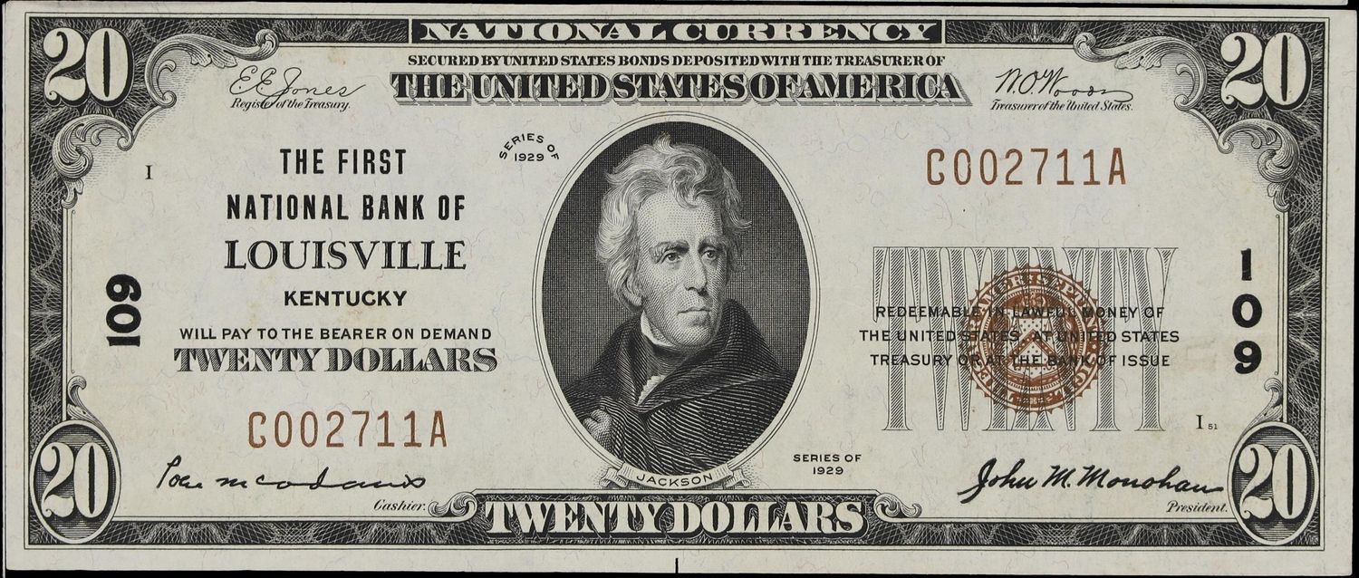 1929 $20 Louisville Kentucky National Banknote Ch. 109 Extremely fine