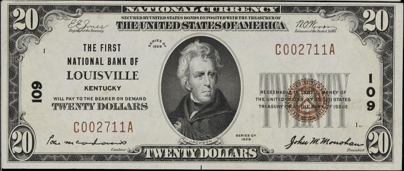 1929 $20 Louisville Kentucky National Banknote Ch. 109 Extremely fine 1929 $20 Louisville Kentucky National Banknote Ch. 109 Extremely fine