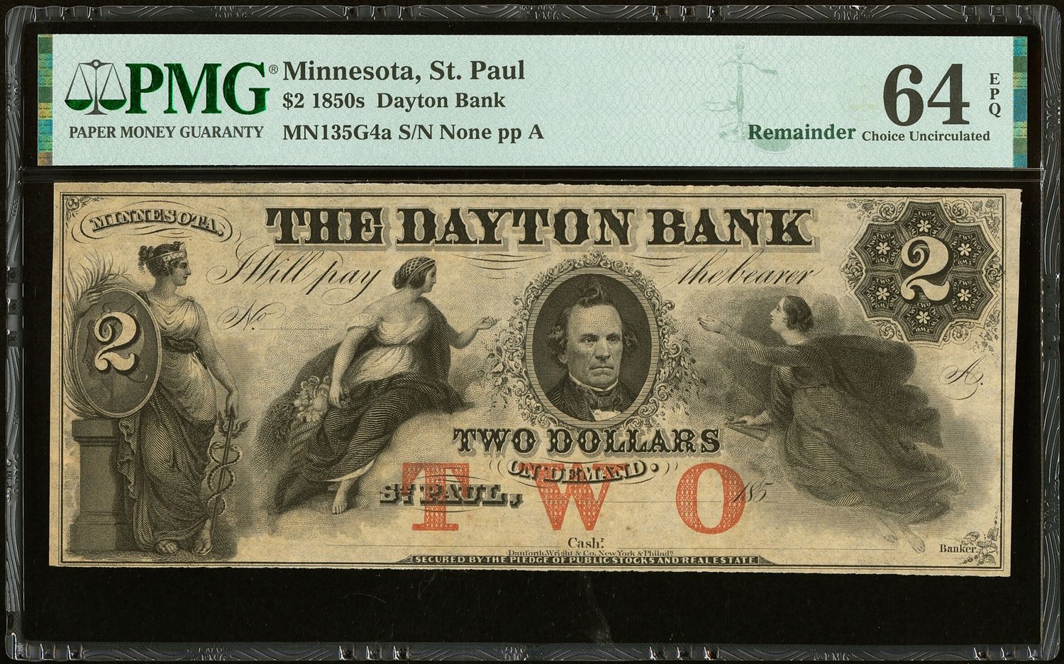 $2 1850's St Paul MN - Dayton Bank  Remainder Note PMG 64 EPQ