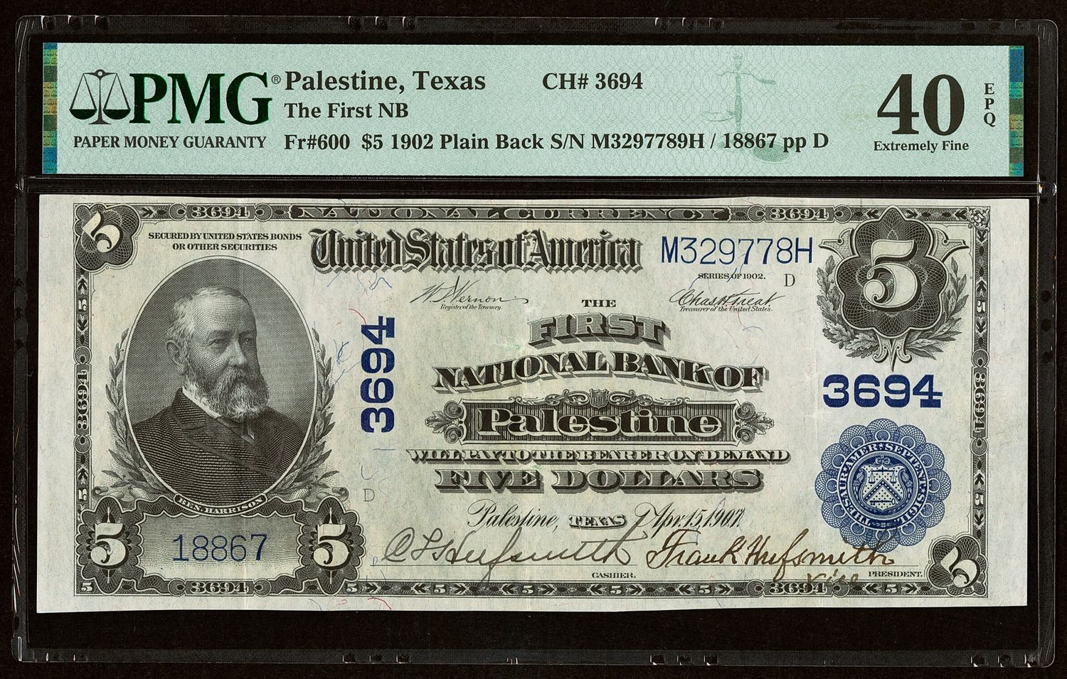 1902 $5 National Bank Palestine Texas CH# 3694 PMG 40 EPQ