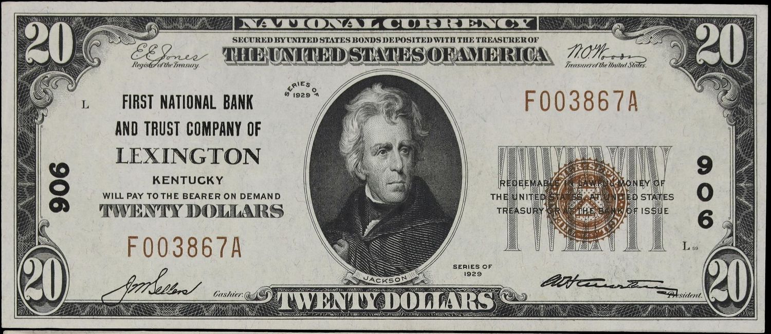 1929 $20 Lexington Kentucky National Banknote Charter 906 Very Fine