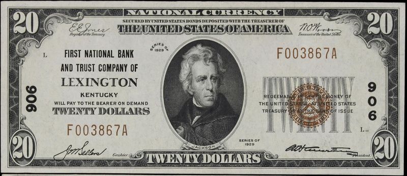 1929 $20 Lexington Kentucky National Banknote Charter 906 Very Fine 1929 $20 Lexington Kentucky National Banknote Charter 906 Very Fine