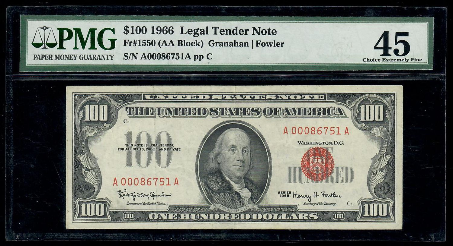 1966 $100 Red Seal Legal Tender Note Fr.1550 ( AA Block ) PMG