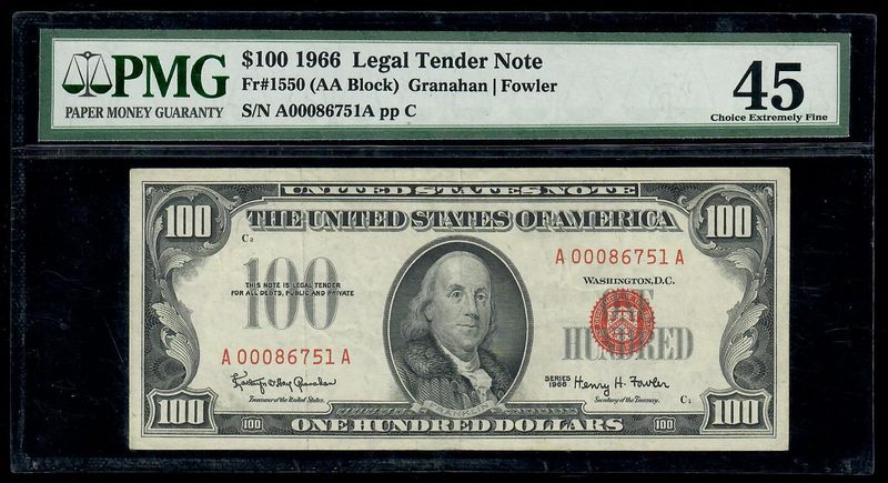 1966 $100 Red Seal Legal Tender Note Fr.1550 ( AA Block ) PMG 1966 $100 Red Seal Legal Tender Note Fr.1550 ( AA Block ) PMG