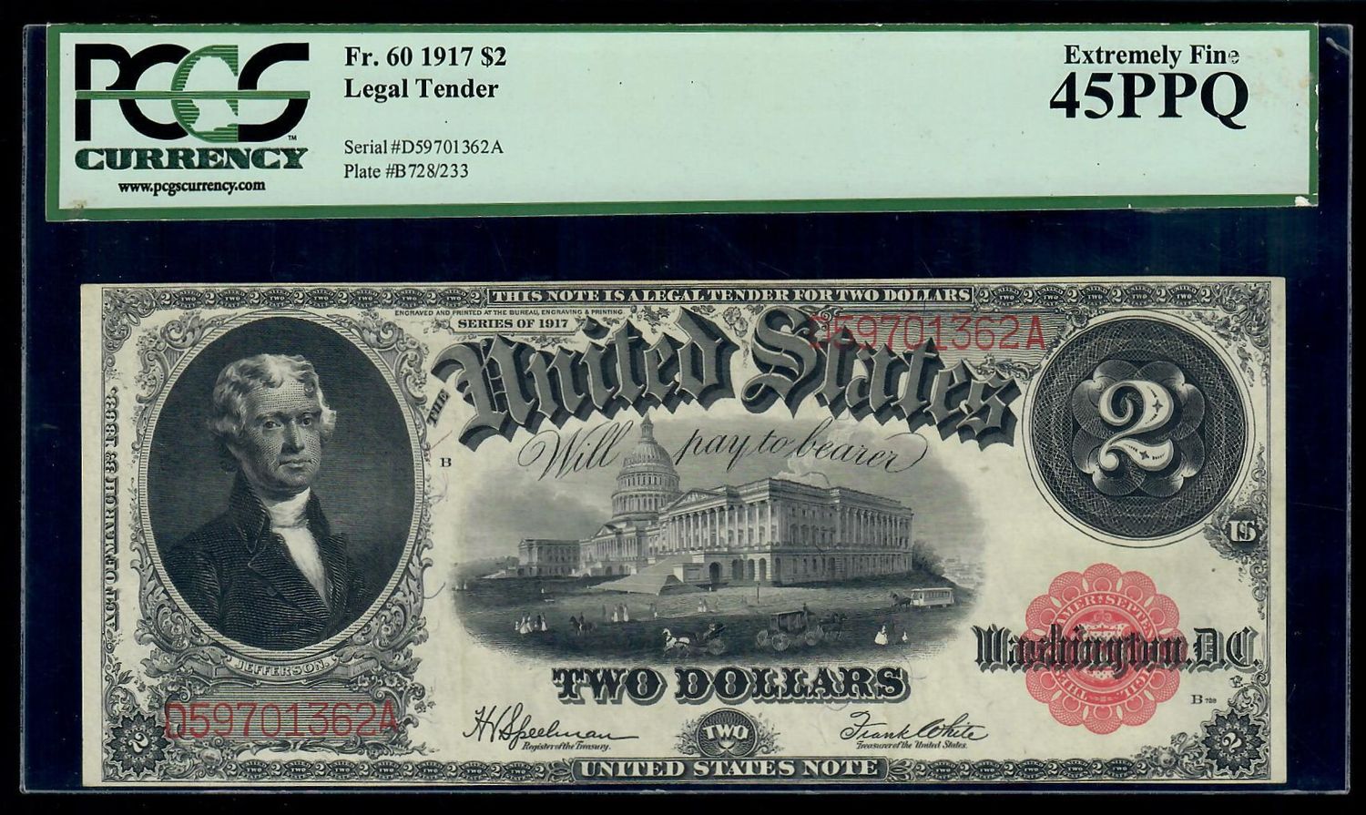 1917 $2 Dollars Legal Tender Large Note FR#60 Note PCGS 45 Extremely Fine