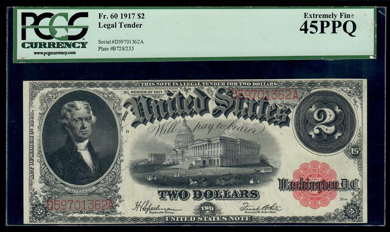 1917 $2 Dollars Legal Tender Large Note FR#60 Note PCGS 45 Extremely Fine 1917 $2 Dollars Legal Tender Large Note FR#60 Note PCGS 45 Extremely Fine