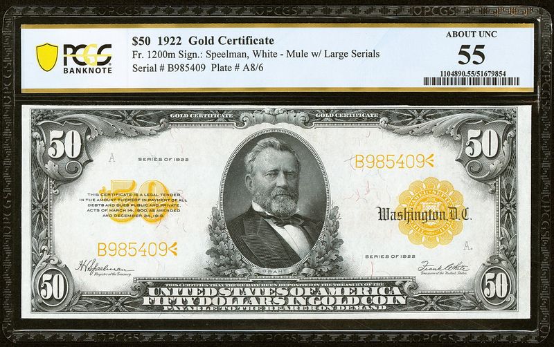 1922 $50 Gold Certificate Note Fr. 1200m PCGS 55 AU MULE NOTE
