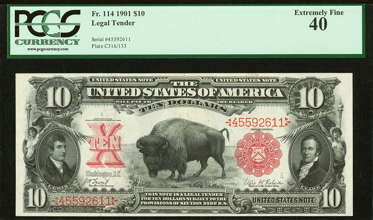 1901 $10 Legal Tender Bison Note FR 114 PCGS 40 Extremely Fine