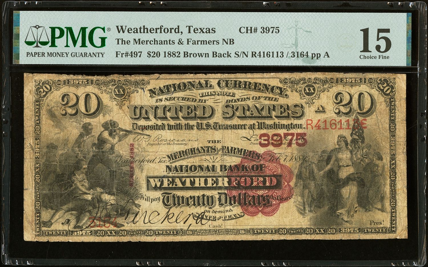 $20 1882 Brown Back The Merchants & Farmers National Bank Ch. # 3975 PMG 15