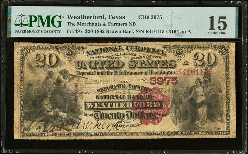 $20 1882 Brown Back The Merchants & Farmers National Bank Ch. # 3975 PMG 15 $20 1882 Brown Back The Merchants & Farmers National Bank Ch. # 3975 PMG 15