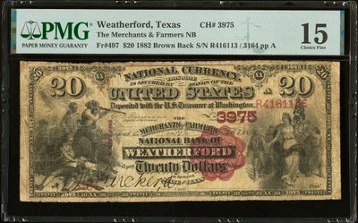 $20 1882 Brown Back The Merchants & Farmers National Bank Ch. # 3975 PMG 15 $20 1882 Brown Back The Merchants & Farmers National Bank Ch. # 3975 PMG 15