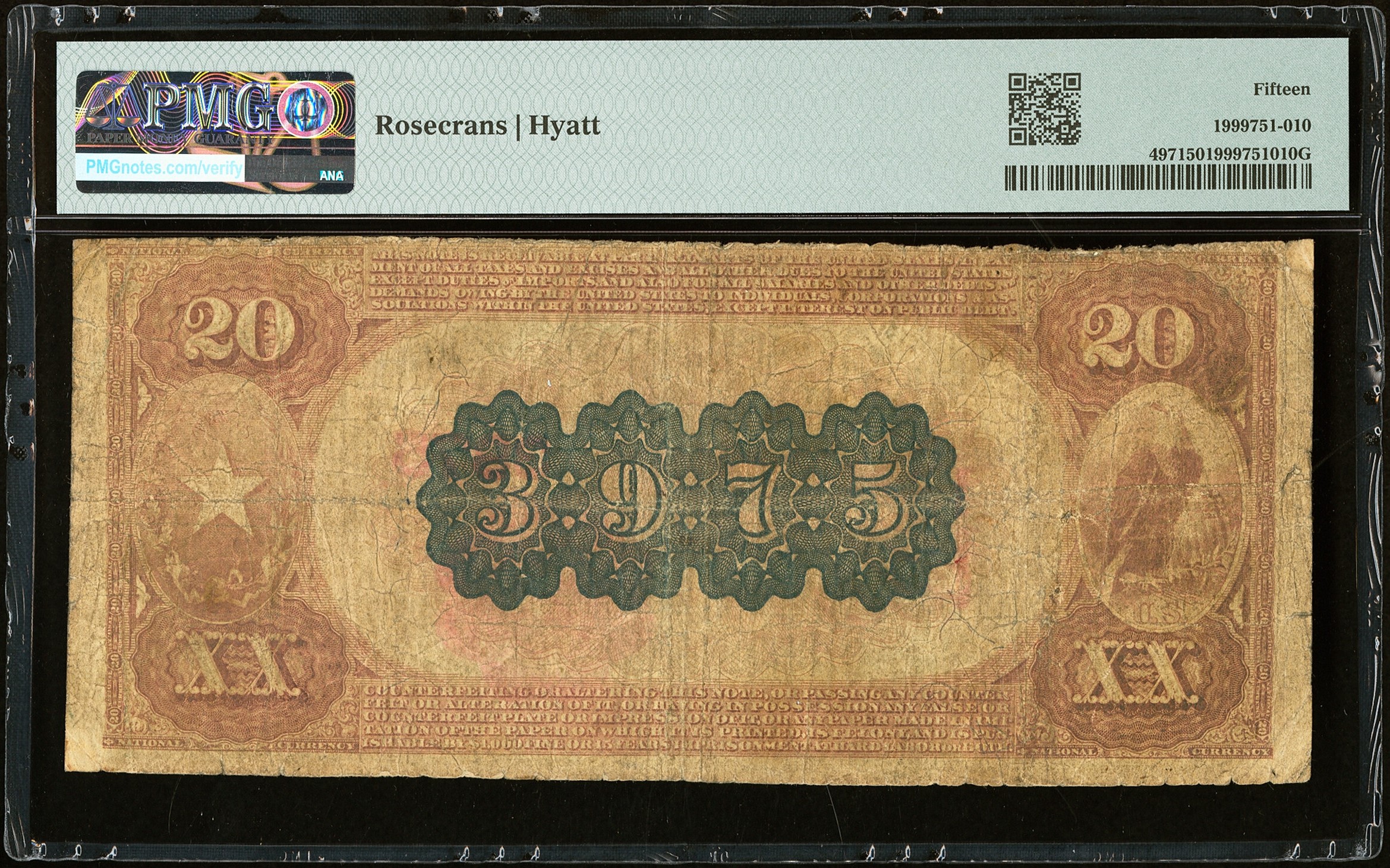 $20 1882 Brown Back The Merchants & Farmers National Bank Ch. # 3975 PMG 15