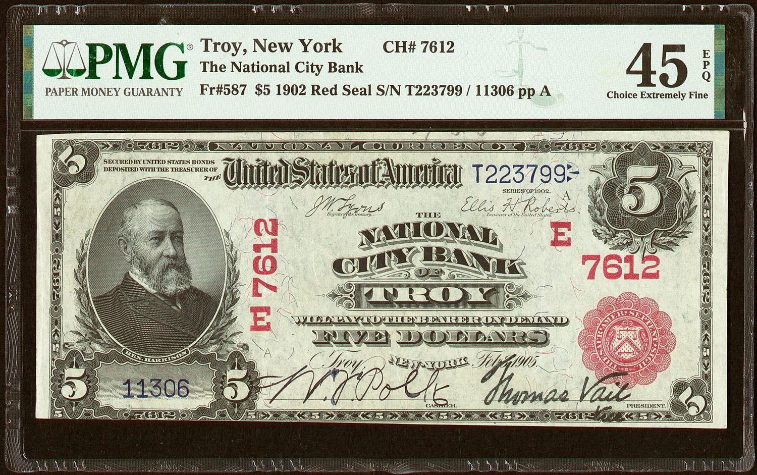 $5 1902 Red Seal Fr. 587 The National City Bank Ch.7612-Troy, NY PMG 45 EPQ