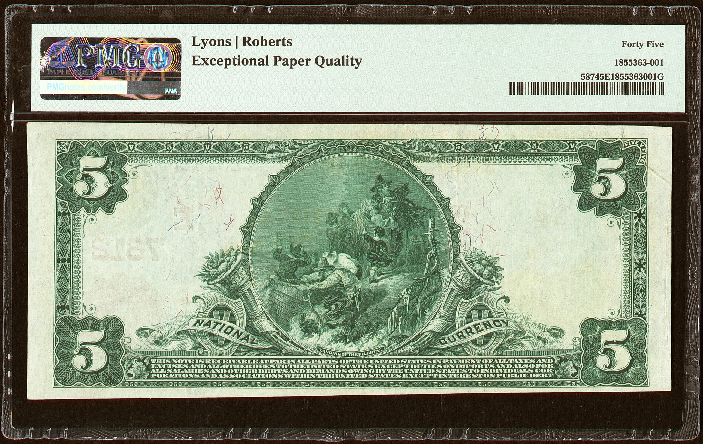 $5 1902 Red Seal Fr. 587 The National City Bank Ch.7612-Troy, NY PMG 45 EPQ