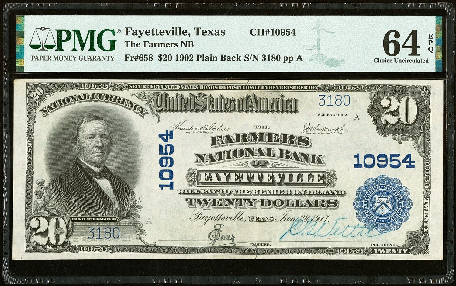 $20 1902 Plain Back Fr. 658 The Farmers National Bank Fayetteville, TX PMG64 EPQ