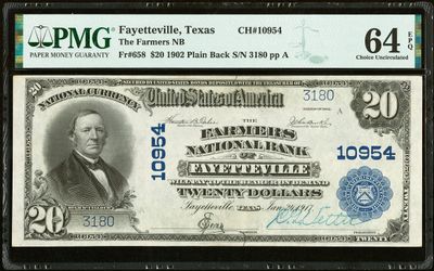 $20 1902 Plain Back Fr. 658 The Farmers National Bank Fayetteville, TX PMG64 EPQ $20 1902 Plain Back Fr. 658 The Farmers National Bank Fayetteville, TX PMG64 EPQ
