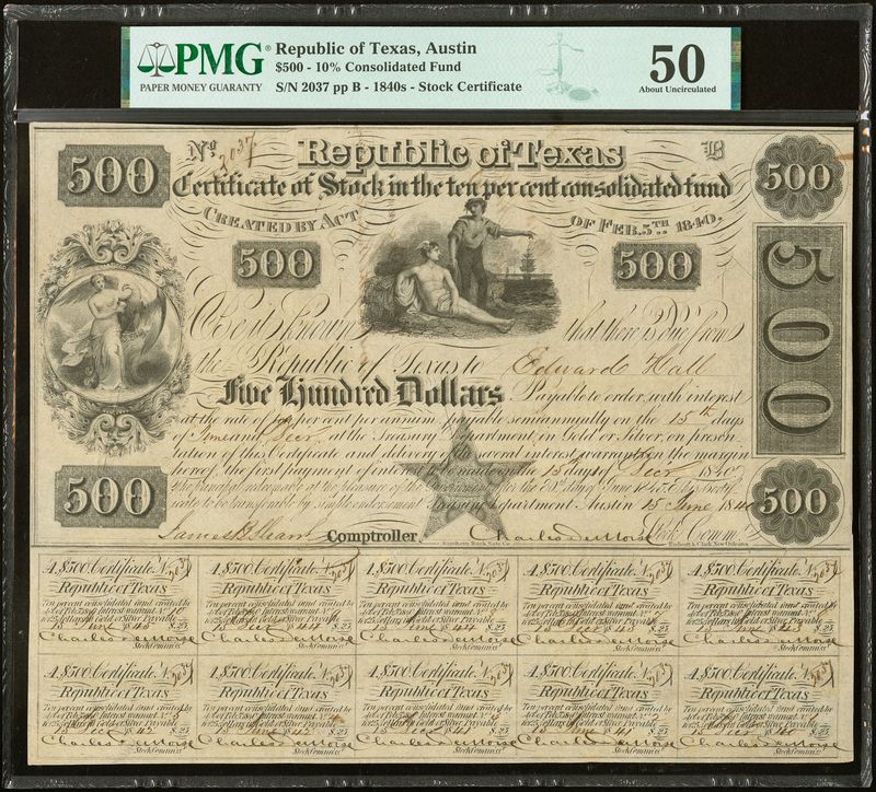 1840s Austin, TX- Republic of Texas Certificate of Stock Bond $500 PMG 50 AU
