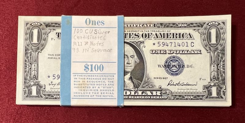 1957  $1 Silver Certificate Star Original BEP Pack of 100 Sequential UNC 1957  $1 Silver Certificate Star Original BEP Pack of 100 Sequential UNC
