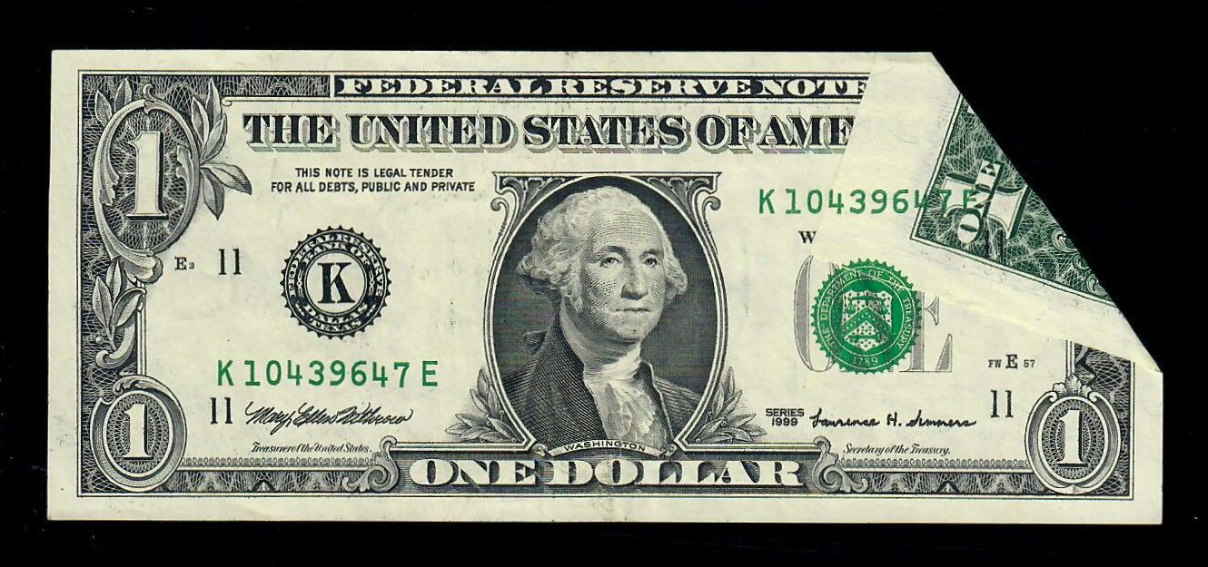 1999 $1 Federal Reserve Dallas, Tx printed Fold over Error AU
