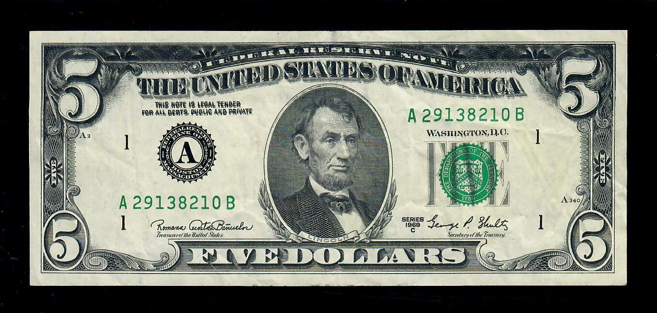 1969-C $5 Federal Reserve PARTIAL DOUBL PRINTING Error AU