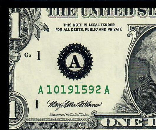 1999 $1 Federal Reserve Boston Fr.1924A Double Printed on District Seal Error 1999 $1 Federal Reserve Boston Fr.1924A Double Printed on District Seal Error